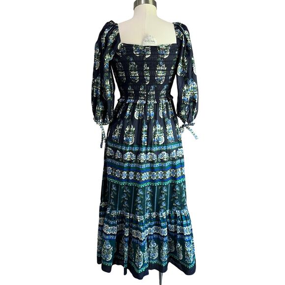 Cara Cara Jazzy Blue Green Print Puff Sleeve Smocked Cotton Midi Dress Sz S - Picture 3 of 13